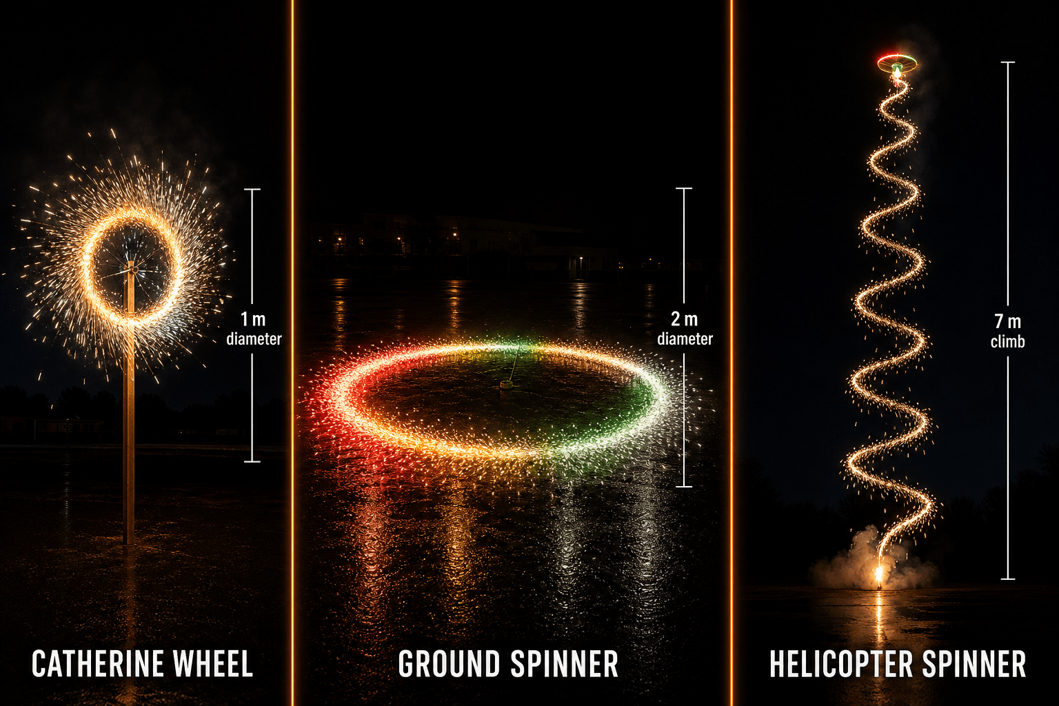 Liuyang wheel fireworks comparison — Catherine wheel, ground spinner and helicopter spinner side by side at night with 1 m, 2 m and 7 m scale annotations