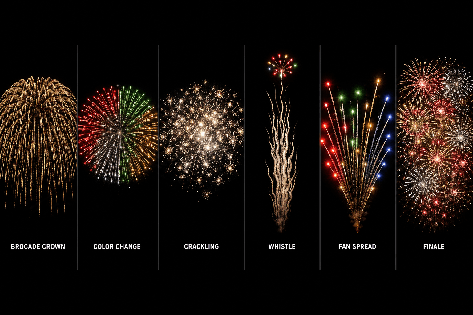 Six multi-shot cake firework effect families compared — brocade crown, color change, crackling, whistle, fan spread and finale