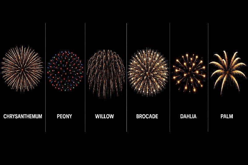 Six aerial shell families compared — chrysanthemum, peony, willow, brocade, dahlia and palm shells
