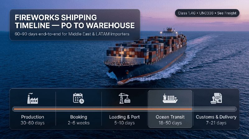 Fireworks shipping time from China — sea freight transit windows for Middle East, Latin America West Coast and East Coast with delay causes