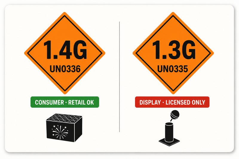 1.3G vs 1.4G fireworks classification — large UN0336 and UN0335 hazard labels comparing consumer retail fireworks with display fireworks for licensed operators