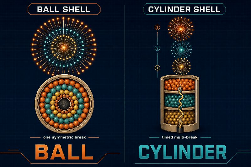 Ball shell vs cylinder shell fireworks cross-section — spherical single-break shell with stars around a central core on left, cylindrical multi-break canister shell with stacked charges on right