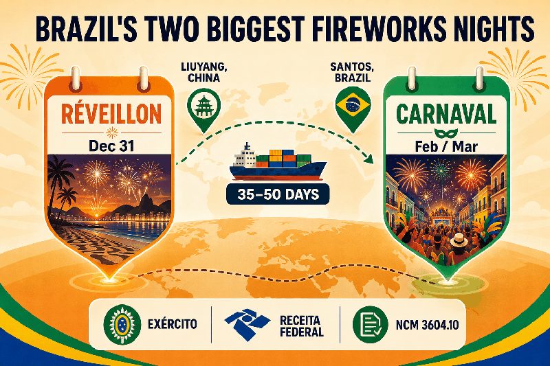 Infographic titled "Brazil's Two Biggest Fireworks Nights" — Réveillon December 31 beach fireworks and Carnaval February to March street-party cards linked by a Liuyang-to-Santos container-ship route labeled 35 to 50 days, above regulator badges for the Exército, Receita Federal and the NCM 3604.10 tariff code