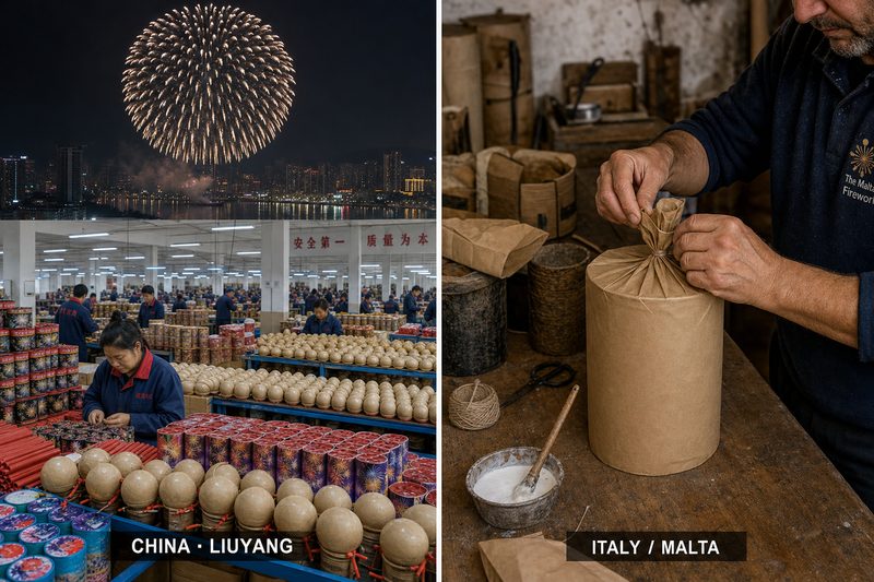 Chinese vs European fireworks compared — large-scale round ball-shell manufacturing on the left, hand-built cylinder-shell craftsmanship on the right, labelled CHINA · LIUYANG and ITALY / MALTA