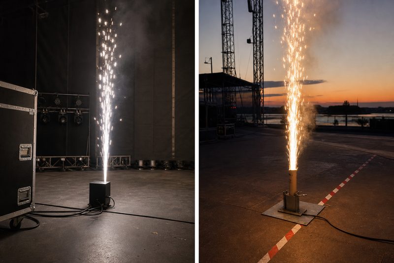 Cold spark machine vs stage gerb — indoor cold spark machine with silver-white sparks beside an outdoor stage gerb with golden sparks and smoke, no people