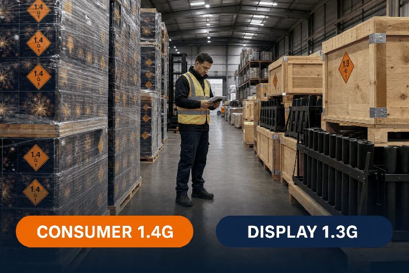 Consumer vs display fireworks — warehouse aisle with 1.4G consumer firework cartons on the left and 1.3G display crates and mortar racks on the right, labelled CONSUMER and DISPLAY