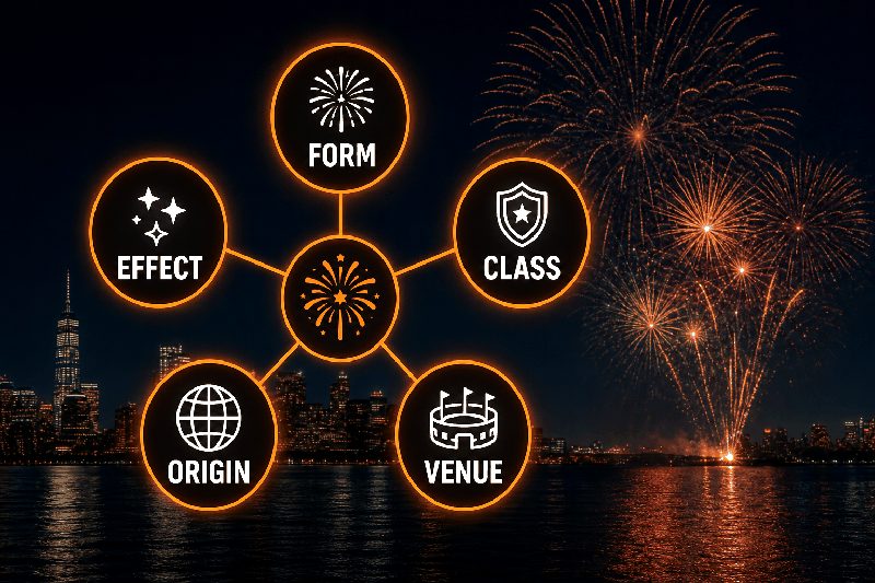 Fireworks comparison guide hub — five buying decision dimensions form, effect, class, origin and venue over a fireworks display above a city skyline