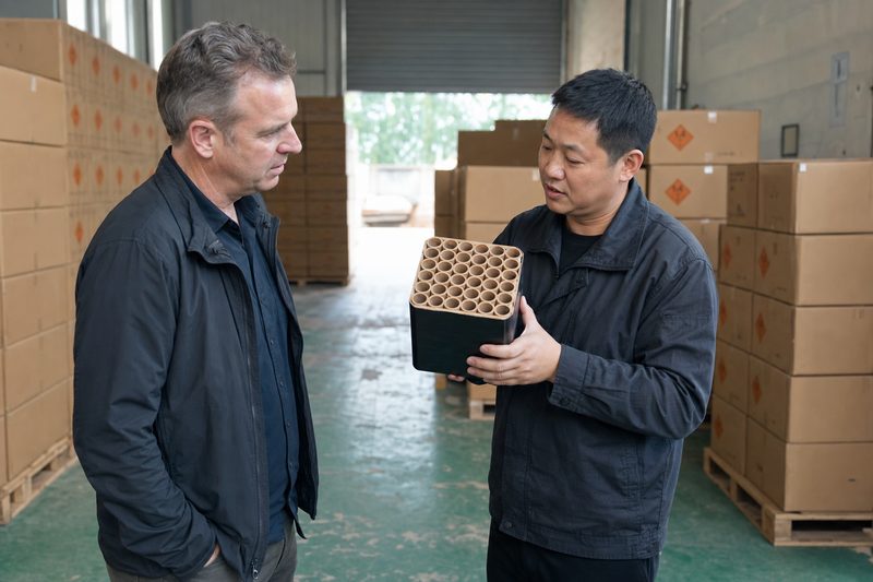 A fireworks buyer and a factory representative examining a multi-shot cake in an export warehouse, with hazard-labeled cartons stacked behind
