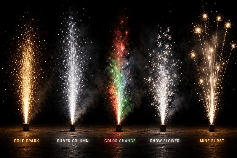 Five Liuyang fountain firework effect families compared at night — gold spark, silver column, color change, snow flower and mine burst