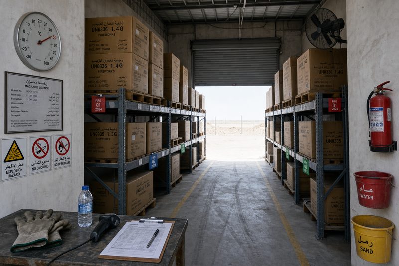 Realistic view inside a GCC fireworks storage magazine — UN0336 1.4G and UN0335 1.3G cartons on steel shelving with FIFO quarterly tags, 50°C thermometer, Civil Defence licence and ISO 7010 hazard signs — illustrating 45 to 52°C summer storage across Saudi, UAE, Qatar, Bahrain, Kuwait and Oman