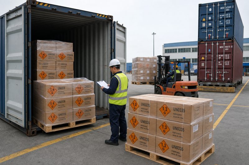Illustration of a southern Chinese dangerous-goods (DG) certified loading port: a forty-foot container being loaded with pallets of UN0336 1.4G consumer fireworks cartons and UN0335 1.3G display cartons with orange Class 1 hazard diamonds, a dock worker in a hi-vis vest checking the carton-level packing list, a forklift in the background and stacked sealed containers on the right — the China-to-Jebel Ali Class 1 fireworks lane covered in this Liuyang factory-side guide to UAE Civil Defence (DCD) clearance and transhipment to Saudi, Oman, Bahrain and Kuwait