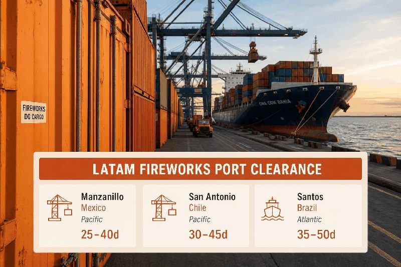 Realistic container-port photo with an infographic comparing Manzanillo, San Antonio and Santos for Latin America fireworks clearance by country, ocean and transit time