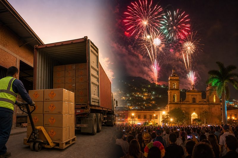 Illustration-style split scene of a Liuyang fireworks export journey to Latin America — a dock worker loading orange Class 1 UN0336 1.4G cartons into a 40-foot container at a red-brick factory at dawn, beside a Latin American festival night sky of colorful aerial fireworks over a town plaza with a colonial church and crowd