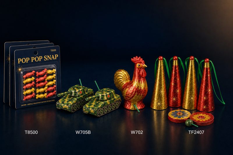 Liuyang novelty fireworks (玩具烟花) wholesale — bang snaps, party poppers, shaped toy tanks, cars and animals, ground bloom flowers and crackling balls under UN0337 1.4S and UN0336 1.4G with EU F1 / US CPSC novelty exemption