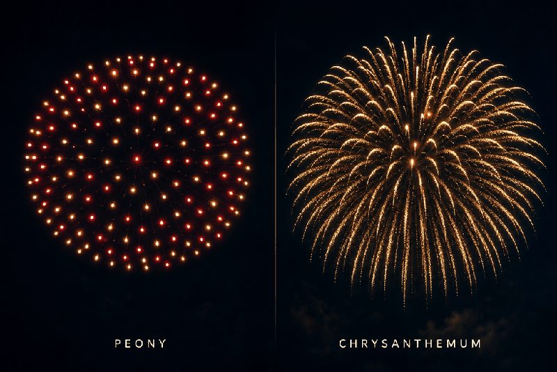 Peony vs chrysanthemum shell fireworks comparison — clean dotted peony sphere on left, trailing-tail chrysanthemum burst on right