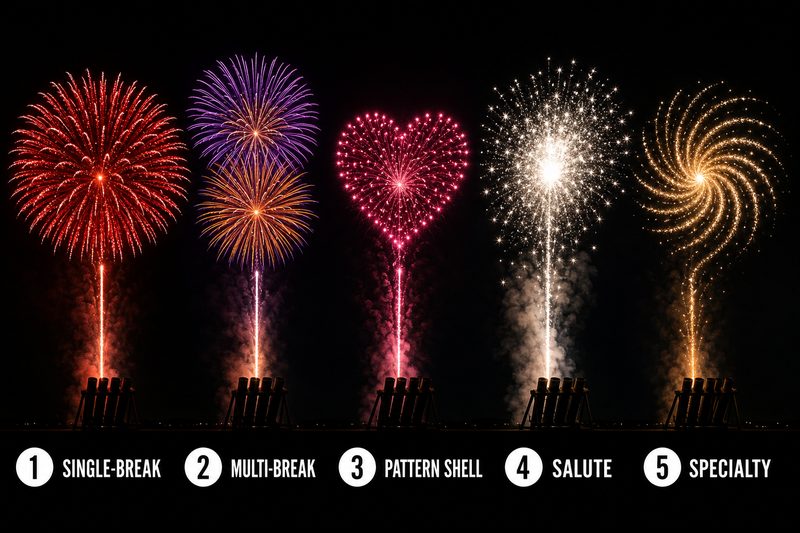 Five professional aerial shell burst types from Liuyang labeled below each burst — 1 Single-Break, 2 Multi-Break, 3 Pattern Shell, 4 Salute, 5 Specialty
