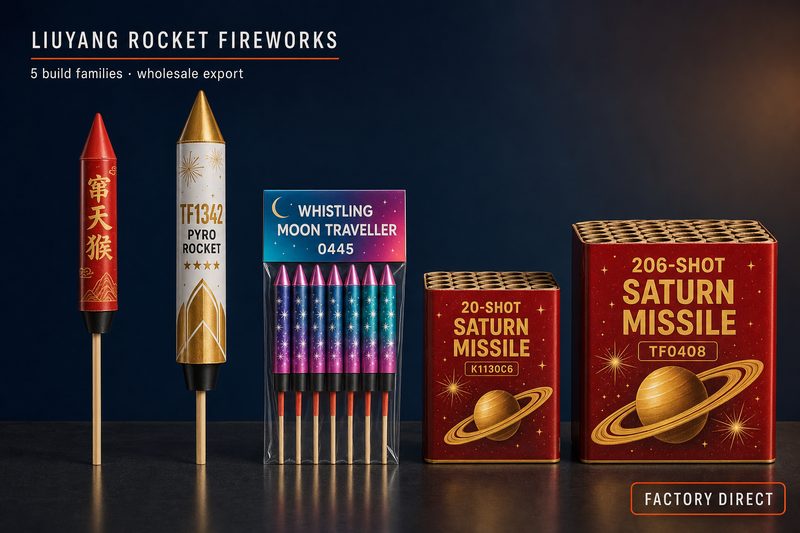 Five Liuyang rocket firework build families compared — bottle rocket 窜天猴, TF1342 Pyro Rocket stick rocket, Whistling Moon Traveller 0445, 20-shot Saturn Missiles K1130C6 and 206-shot Saturn Missiles TF0408