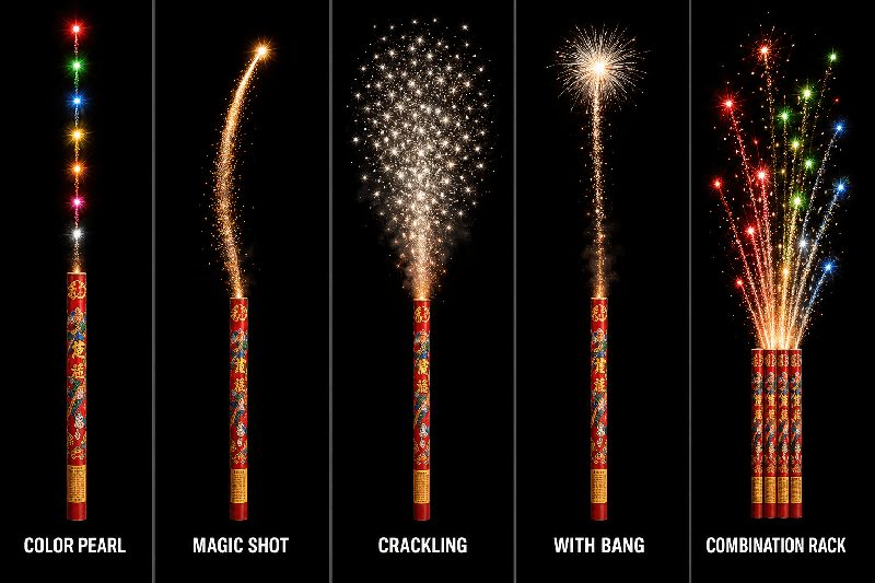 Five Liuyang roman candle effect families compared — color pearl, magic shot, crackling, with-bang and combination rack