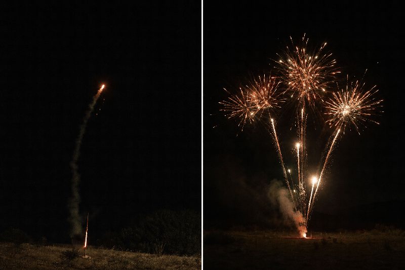 Roman candle vs cake fireworks comparison — single-tube sequential roman candles firing one comet at a time on left, multi-shot cake barrage box erupting into many bursts on right