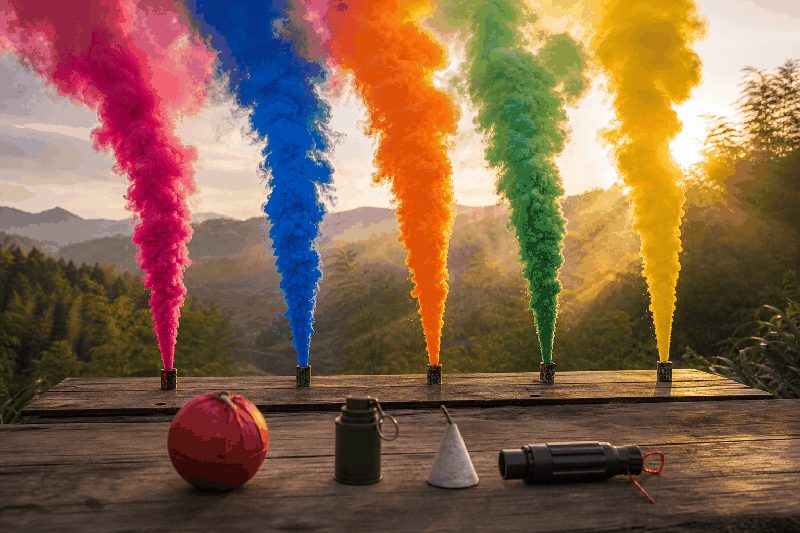 Five Liuyang color smoke product families fired side by side at dusk — pink color paper smoke ball, blue smoke grenade, orange conic smoke, green smoke fountain and yellow hand smoke tube, with raw casings on a wooden plank in the foreground