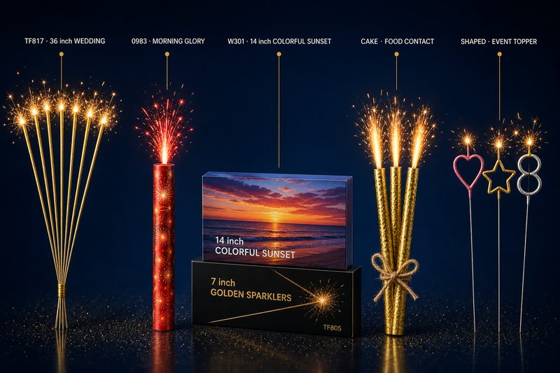 Liuyang Tauron Fireworks sparkler product family with SKU labels — 36" Gold Wedding TF817, Morning Glory 0983, 14" Colorful Sunset W301, 7" Golden Sparklers TF805, 4" food-contact cake sparkler and shaped event-topper sparklers