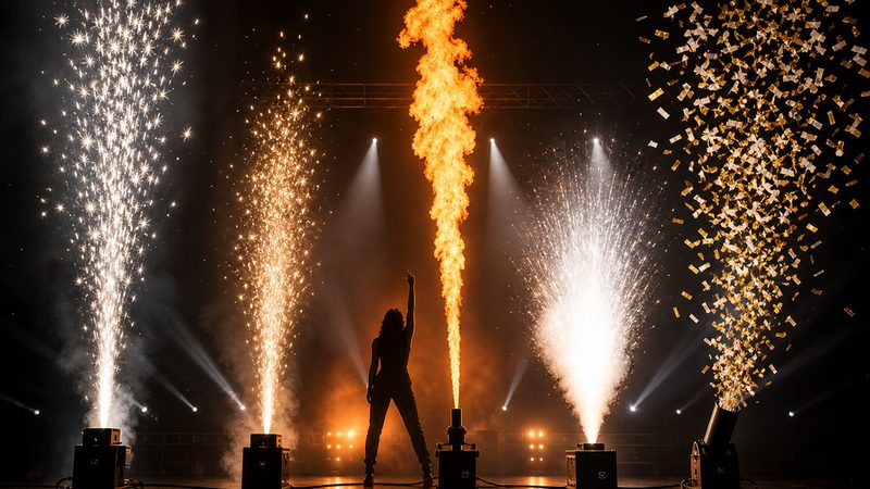 Five close-proximity pyrotechnic families fired on an indoor stage — a cold spark machine silver fountain, a pyrotechnic gerb gold spark jet, a propane flame projector orange column, a concussion flash pot burst and a confetti launcher, with a performer positioned between the controlled stage effects