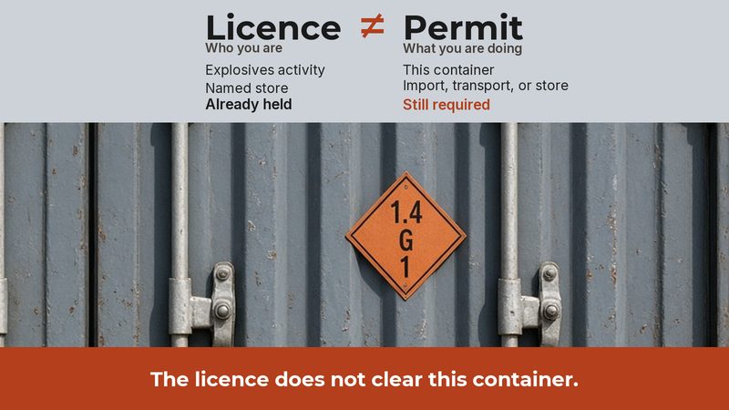 Licence compared with a permit for this container, above closed container doors with an orange placard reading 1.4, G and 1