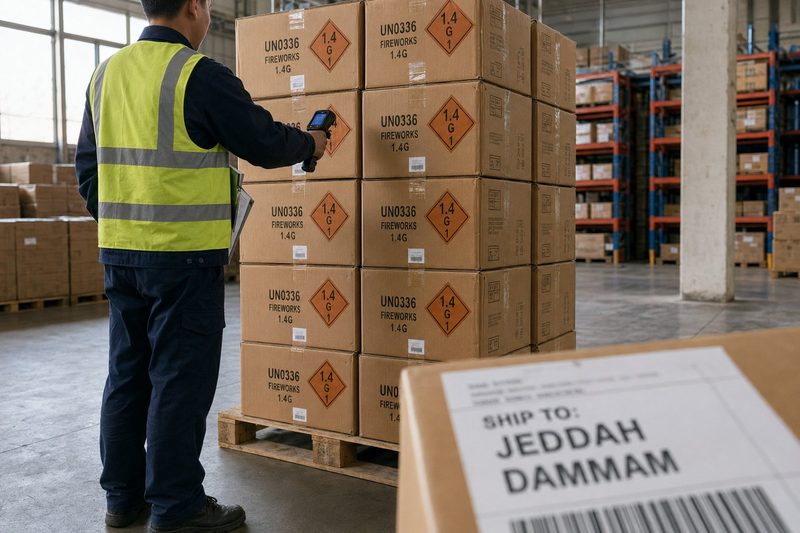 UN0336 1.4G fireworks cartons being scanned at a Liuyang factory warehouse with a SHIP TO Jeddah / Dammam shipping label — GCC fireworks import compliance