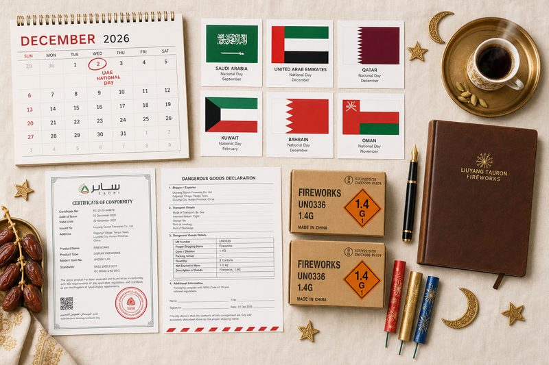 Middle East fireworks sourcing calendar 2026–2027 — overhead Liuyang factory export desk with December 2026 calendar circling UAE National Day, six GCC flag cards, SABER Certificate of Conformity, Dangerous Goods Declaration and UN0336 1.4G fireworks export cartons