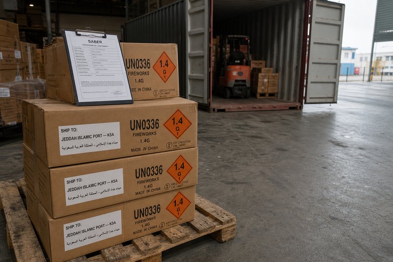 UN0336 1.4G fireworks cartons stacked on a wooden pallet at a Liuyang warehouse loading dock with bilingual SHIP TO JEDDAH ISLAMIC PORT — KSA labels and a SABER Certificate of Conformity clipboard — Saudi SABER and SASO step-by-step compliance for fireworks importers