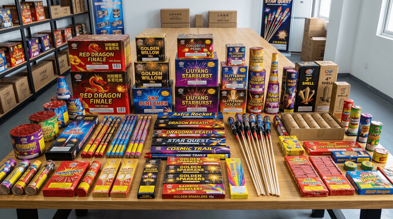 Complete range of Liuyang fireworks products — cakes, shells, Roman candles, sparklers, rockets, and more
