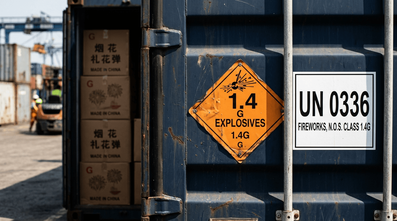Class 1.4G hazard placard and UN0336 label on a fireworks shipping container