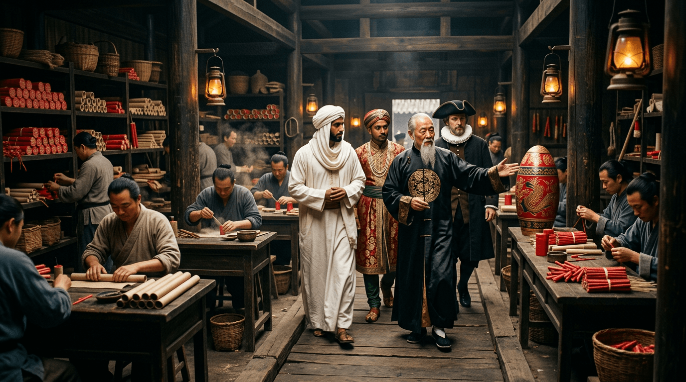 Ancient Liuyang firework workshop — a Chinese master leads foreign merchants from the Middle East, South Asia and Europe through the production floor, illustrating 1,400 years of pyrotechnic export heritage.